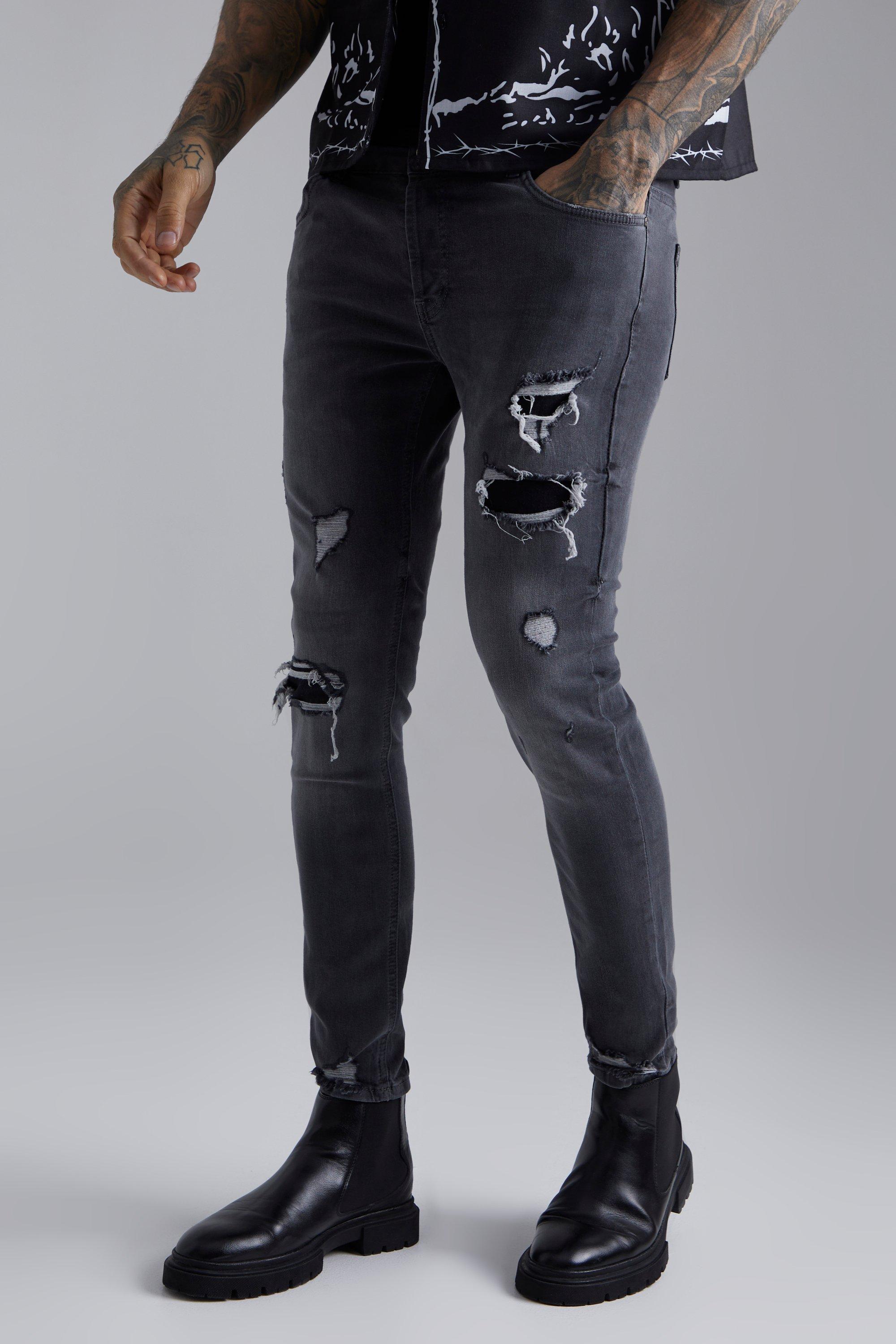 Men's Skinny Stretch Rip & Repair Distressed Jeans | Boohoo UK